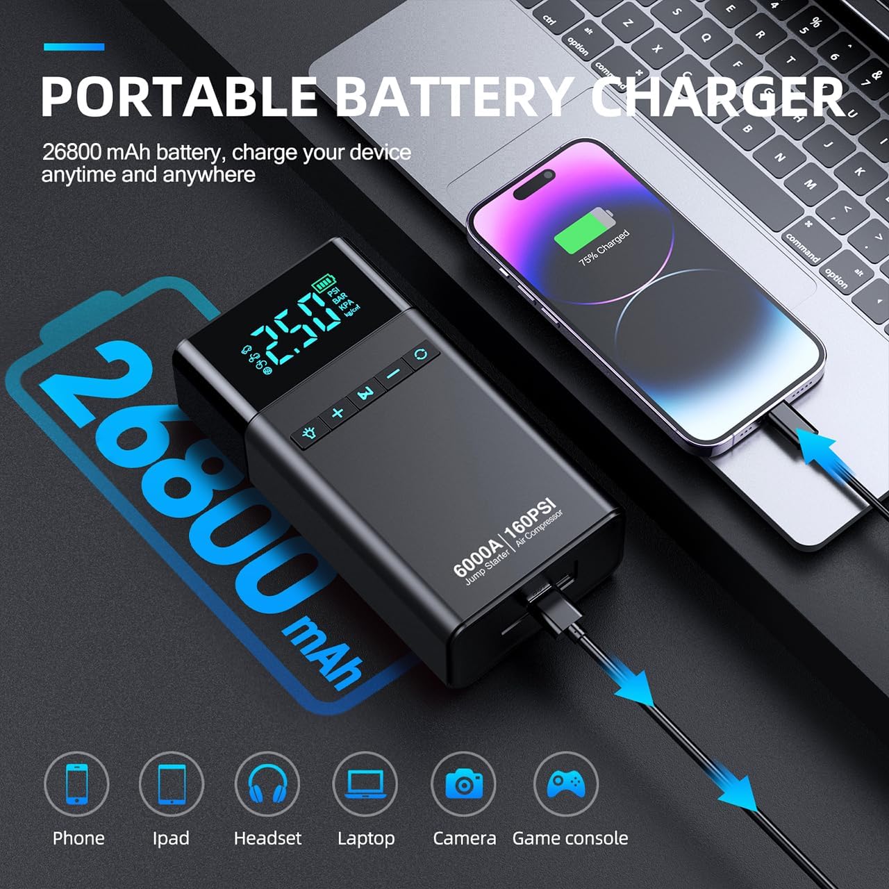 Portable battery charger with smartphone and laptop on a dark background