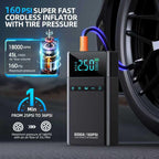 Super fast cordless inflator with tire pressure display and specifications.