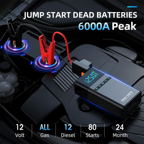 Car jump starter device with clamps on a car battery, showing technical specifications.