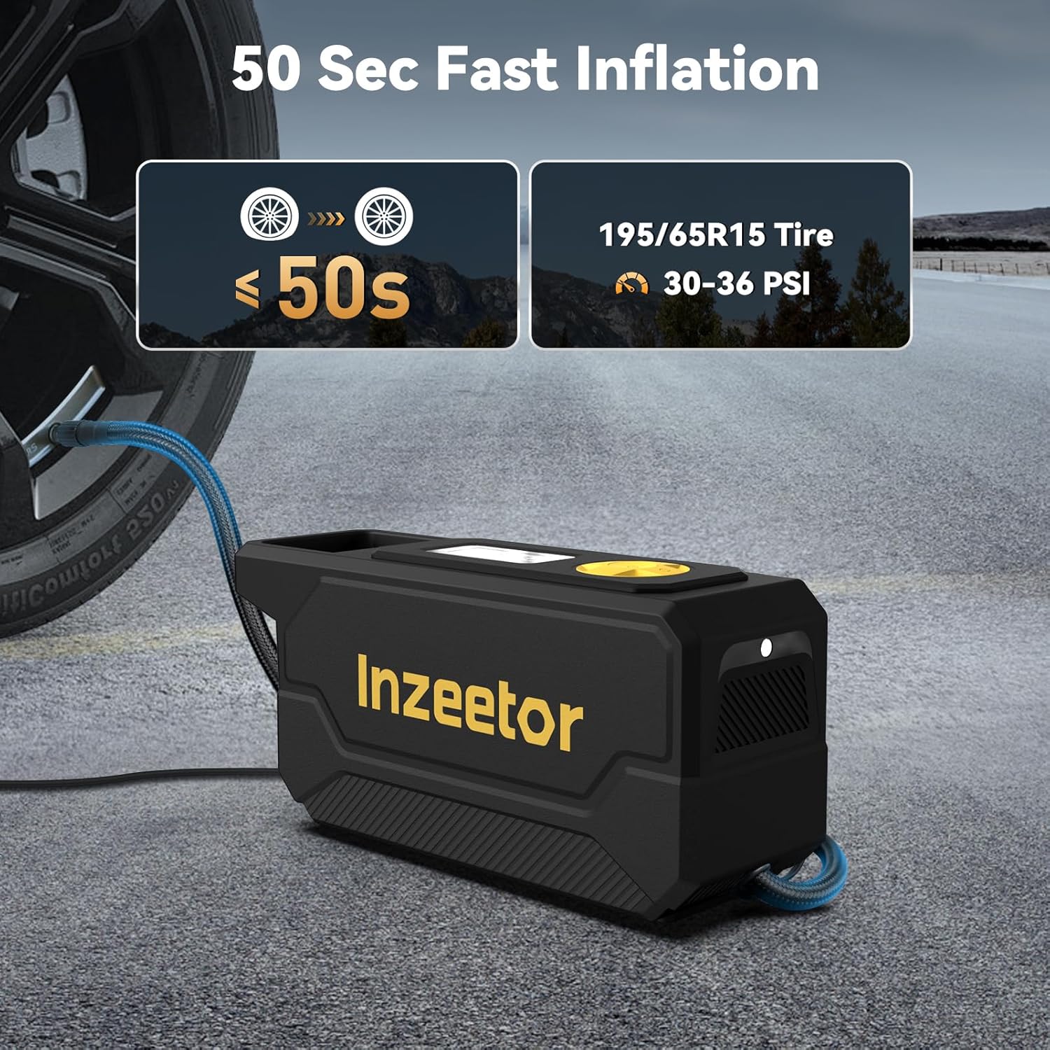 Inzeetor tire inflator with 50-second fast inflation feature on a road background