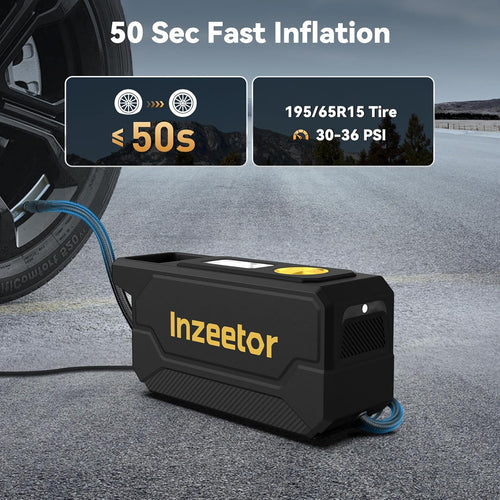 Inzeetor tire inflator with 50-second fast inflation feature on a road background