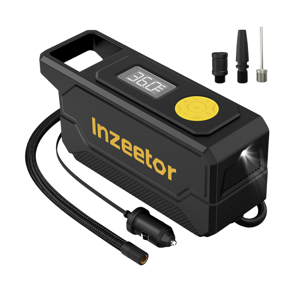 Black and yellow Inzeector tire inflator with digital display on a white background