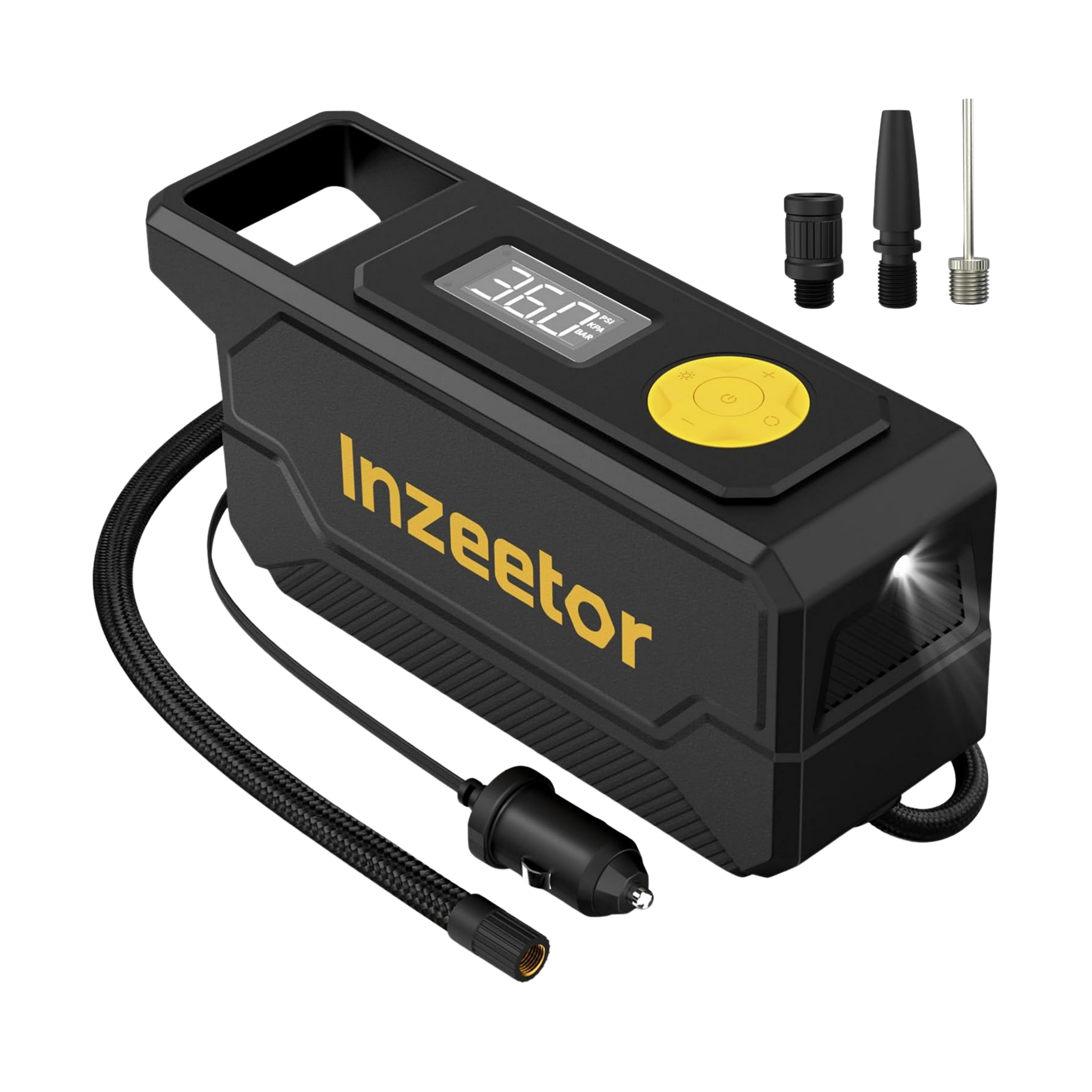 Black and yellow Inzeector tire inflator with digital display on a white background