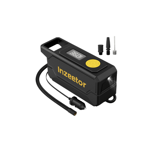 Black tire inflator with digital display and accessories on a white background