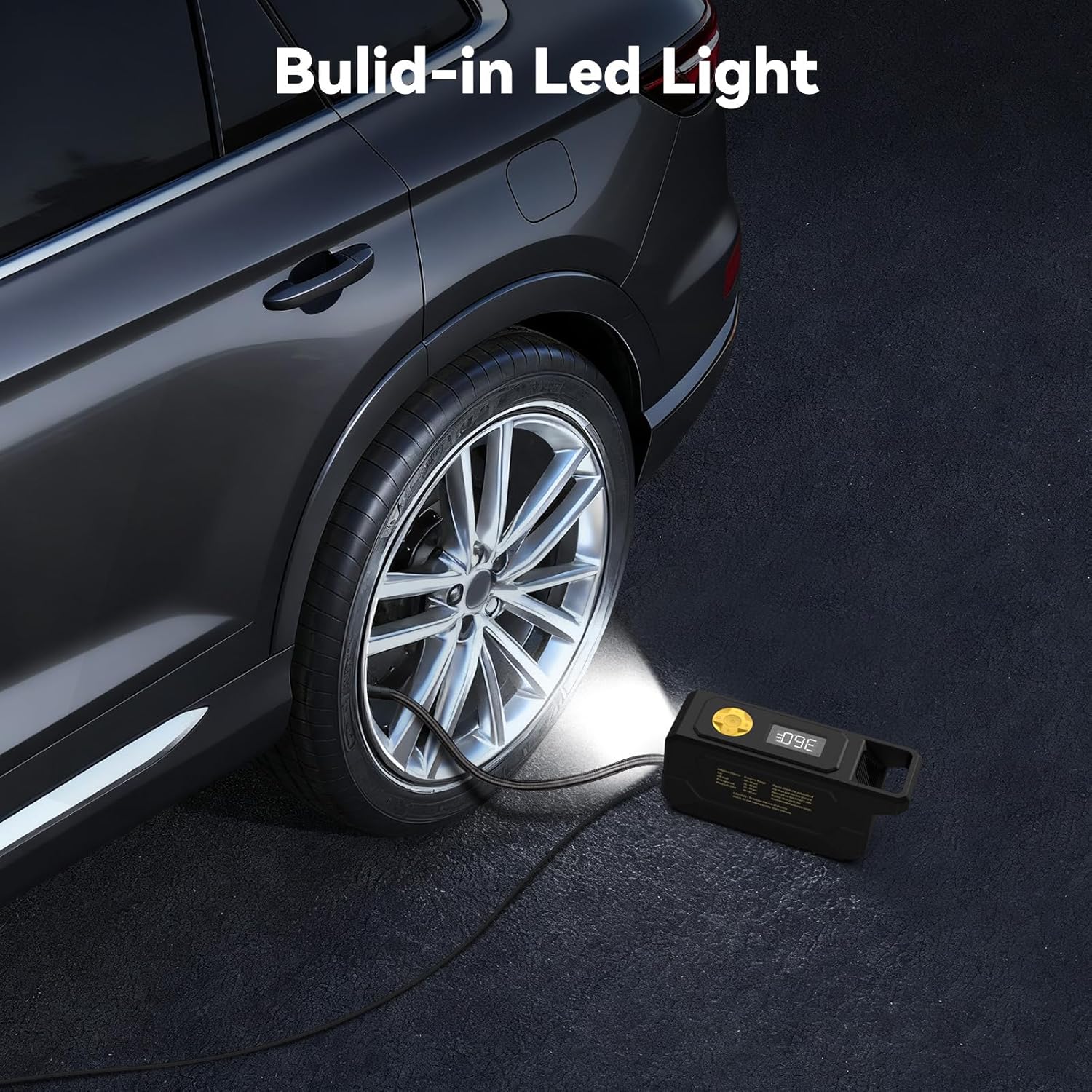 Car tire with a small device emitting light on a dark background, labeled 'Bulid-in Led Light'.