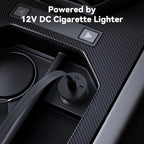 Car cup holder with 12V DC cigarette lighter adapter on a dark textured background