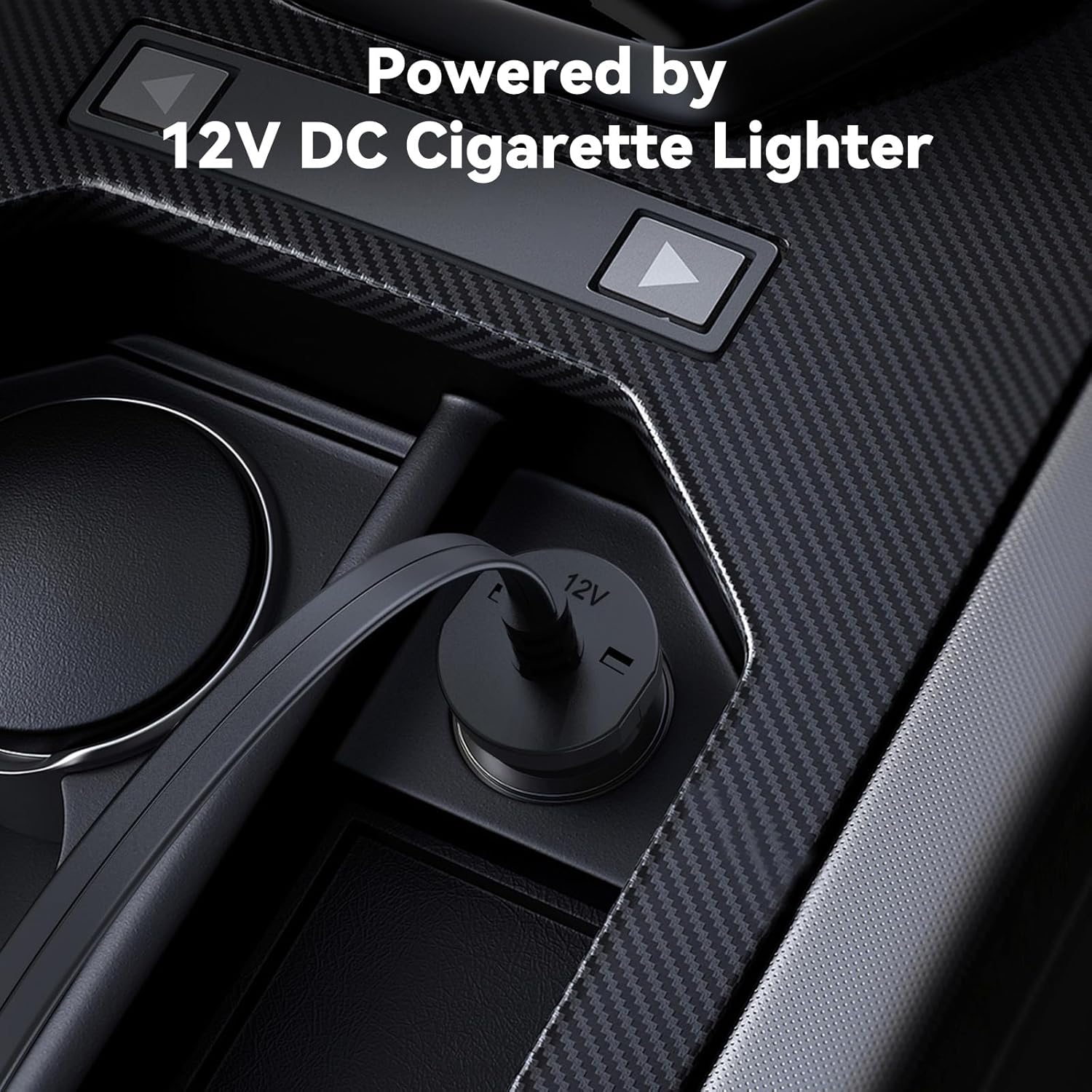 Car cup holder with 12V DC cigarette lighter adapter on a dark textured background