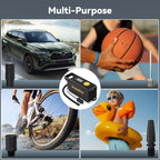 Collage of a car, basketball, bicycle, and child with an inflatable duck, all using a multi-purpose device.