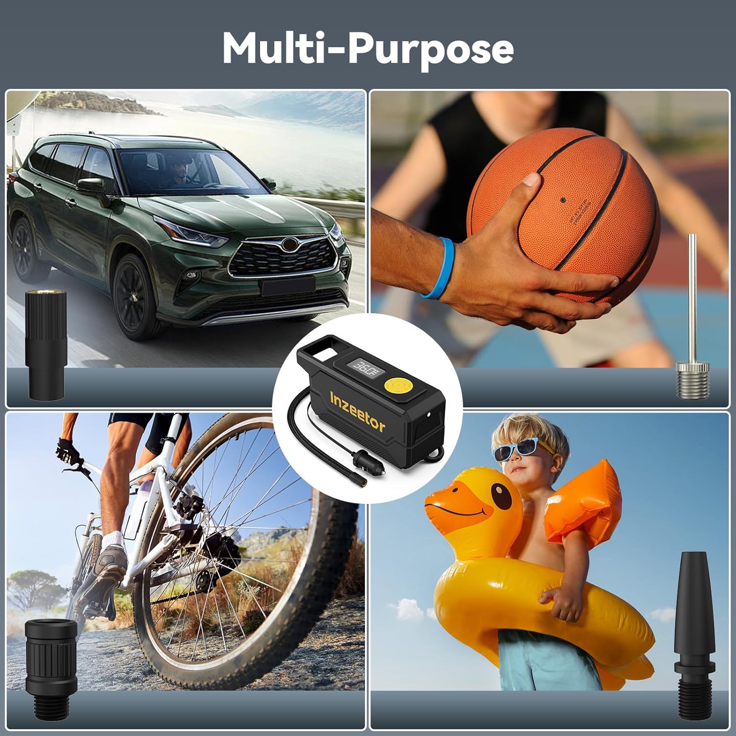 Collage of a car, basketball, bicycle, and child with an inflatable duck, all using a multi-purpose device.