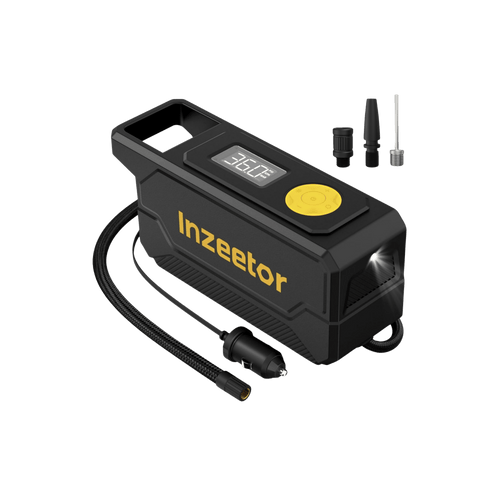 Black tire inflator with digital display and accessories on a transparent background