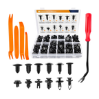 Automotive repair tools including clips, a screwdriver, and removal tools on a white background