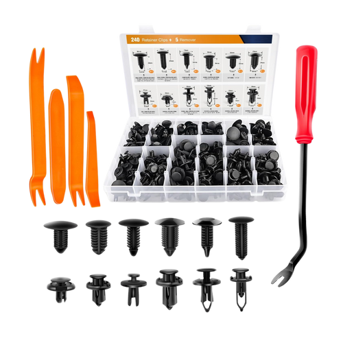 Automotive repair tools including clips, a screwdriver, and removal tools on a white background