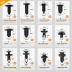 Set of car bumper fasteners with dimensions and compatibility labels on a white background