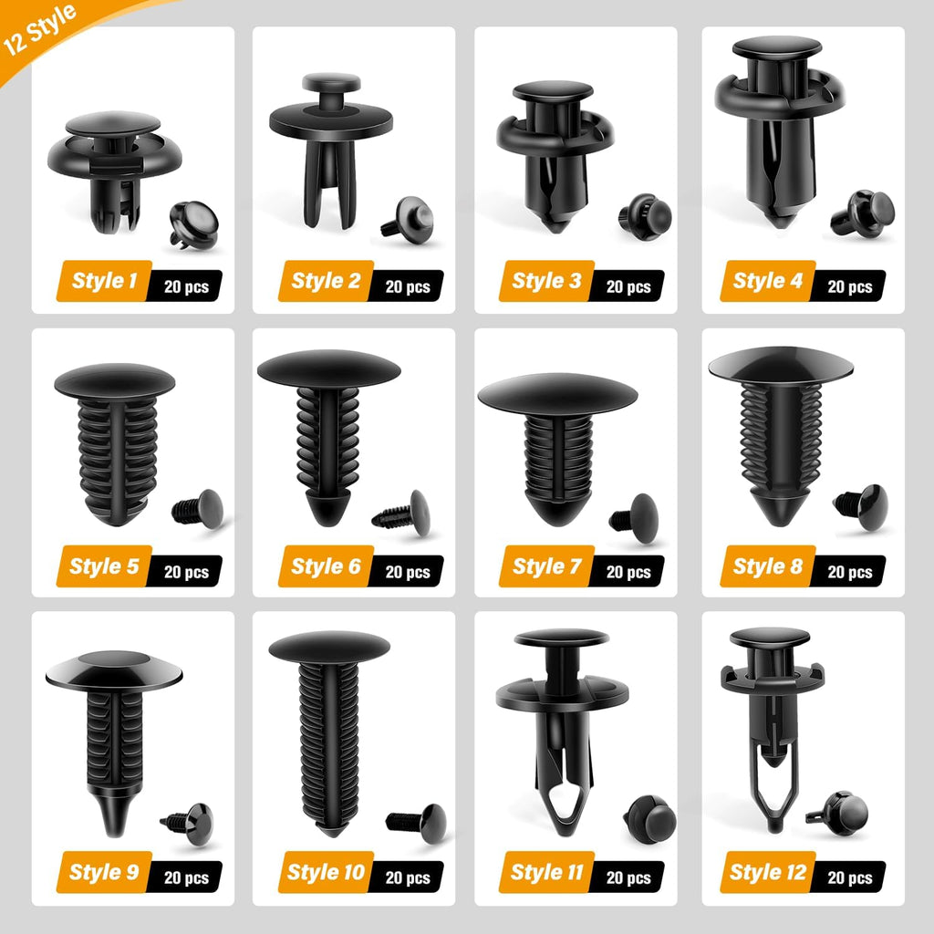 12 styles of black car clips with 20 pieces each on a white background