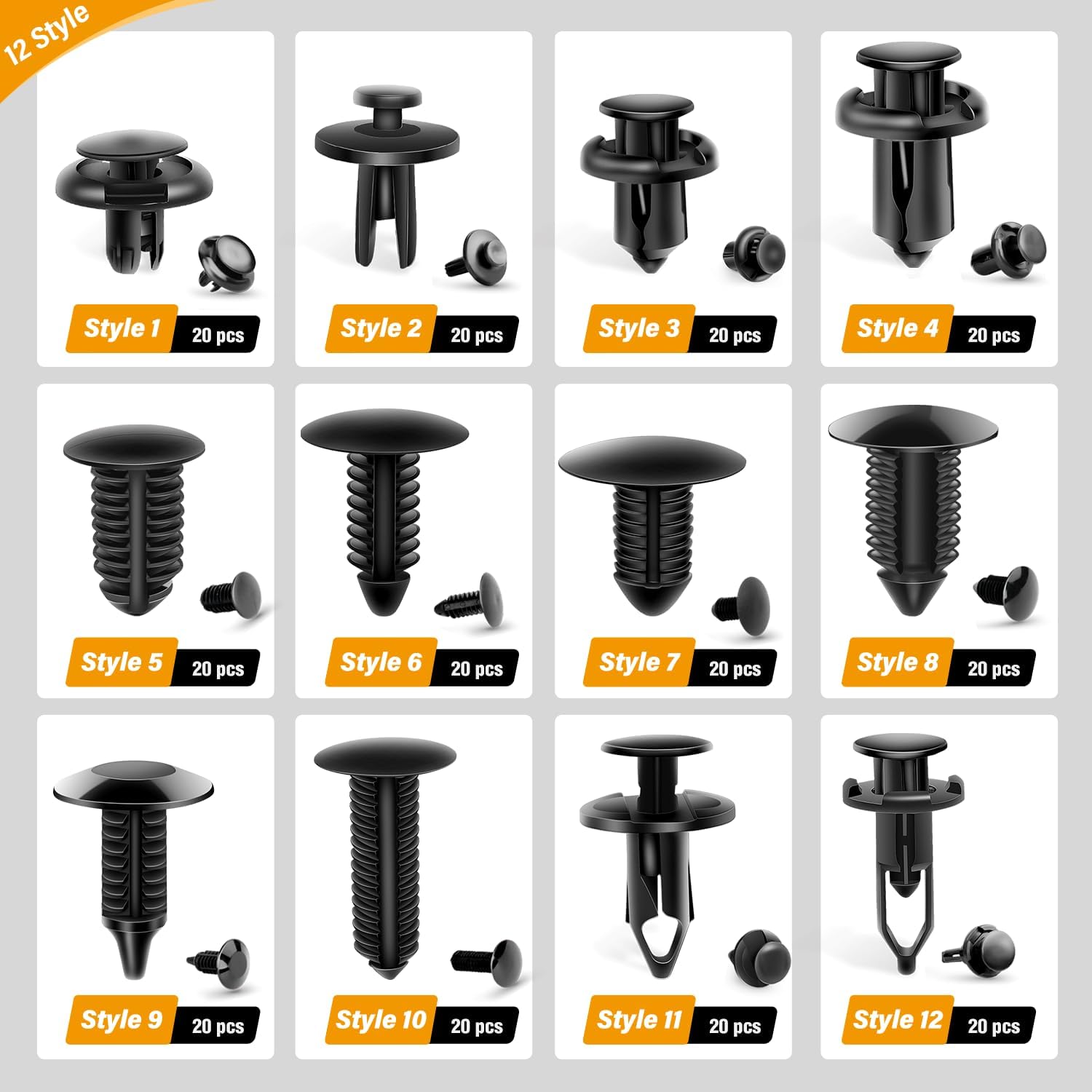 12 styles of black car clips with 20 pieces each on a white background