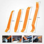 Set of orange car trim removal tools with measurements on a white background