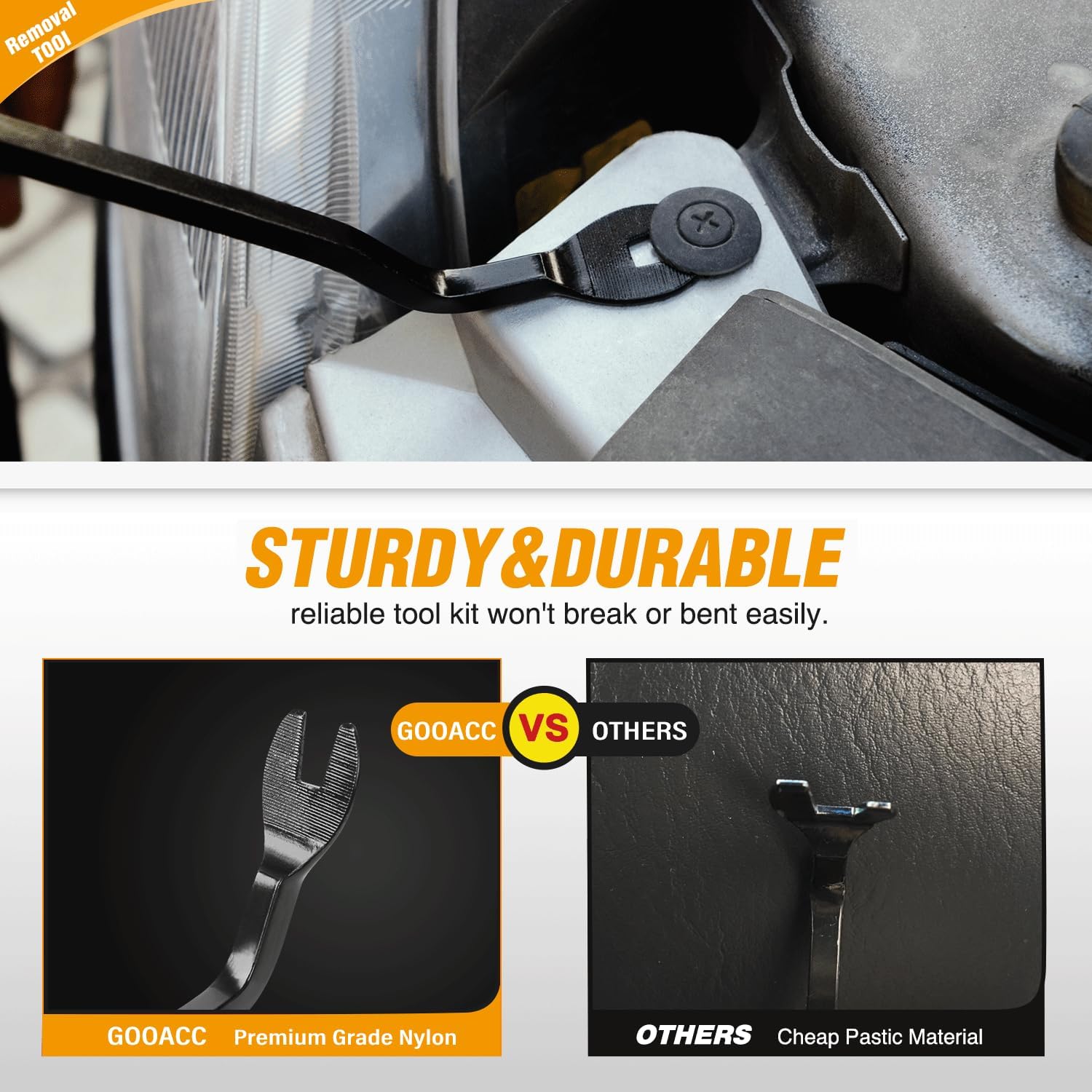 Car tool kit with text highlighting sturdiness and durability, comparing GOOACC to other brands.