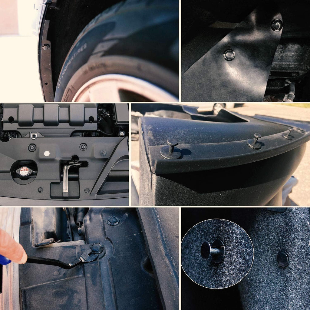 Collage of close-up images showing a black fender and surrounding components.