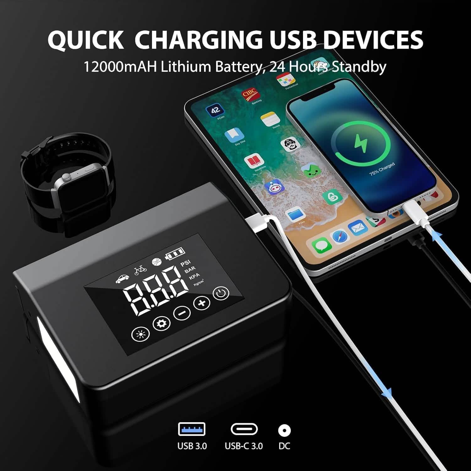 Power bank with smartphone and smartwatch charging on a black background