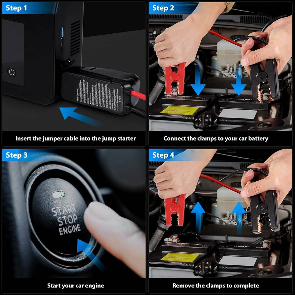 Step-by-step guide on how to use a jump starter with arrows indicating actions.