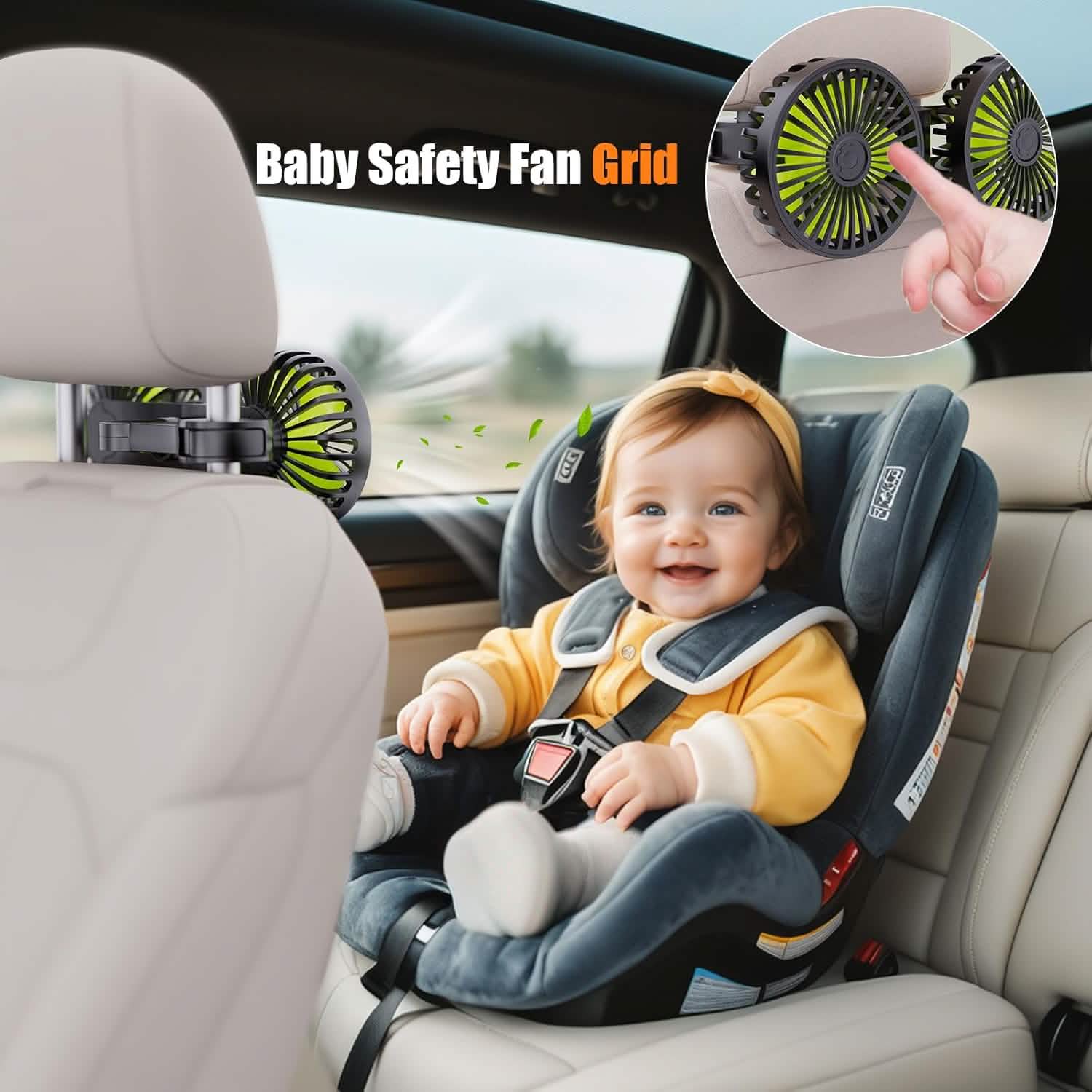 Baby in a car seat with a baby safety fan grid attached, showing close-up details.