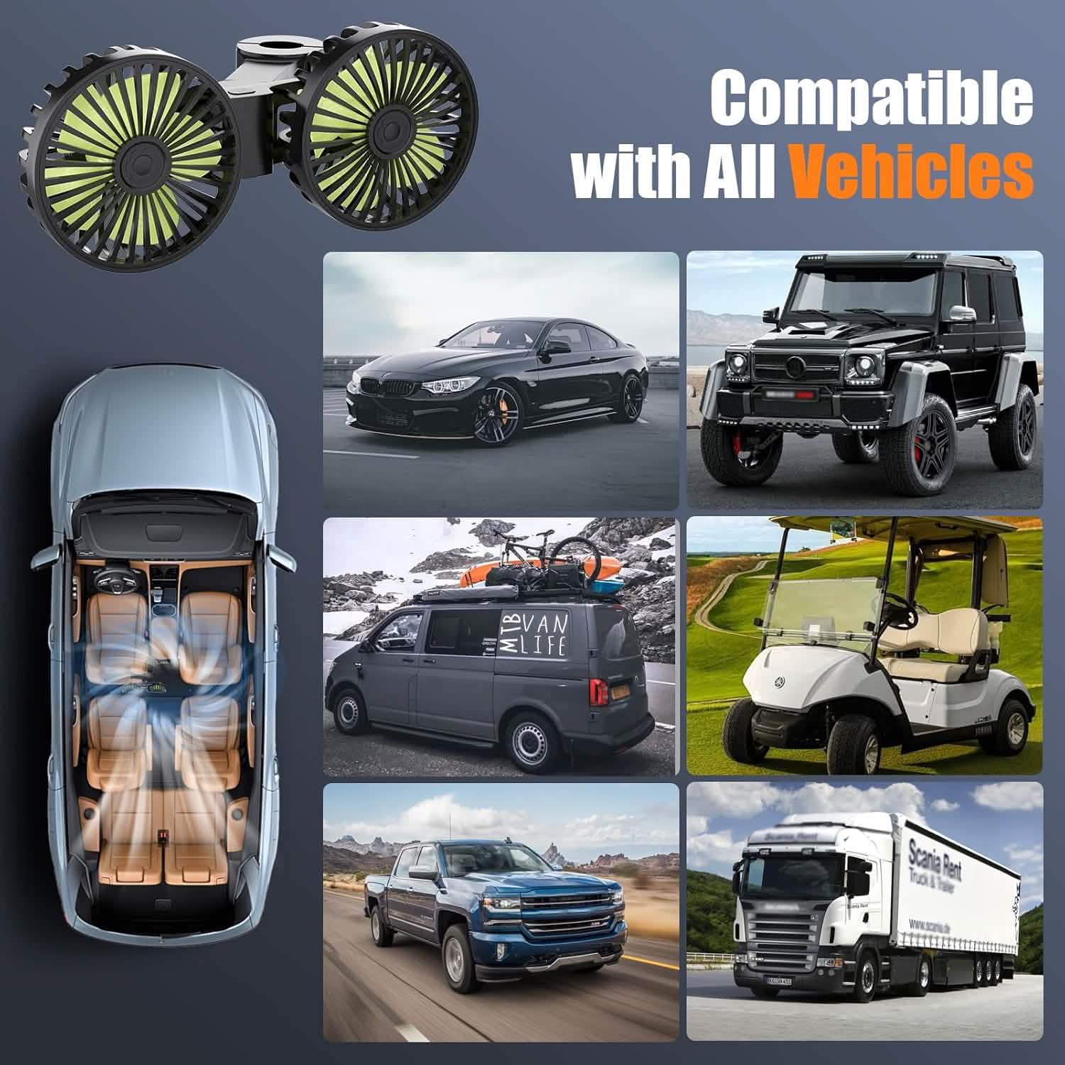 Collage of various vehicles with a product labeled 'Compatible with All Vehicles' on a dark background.