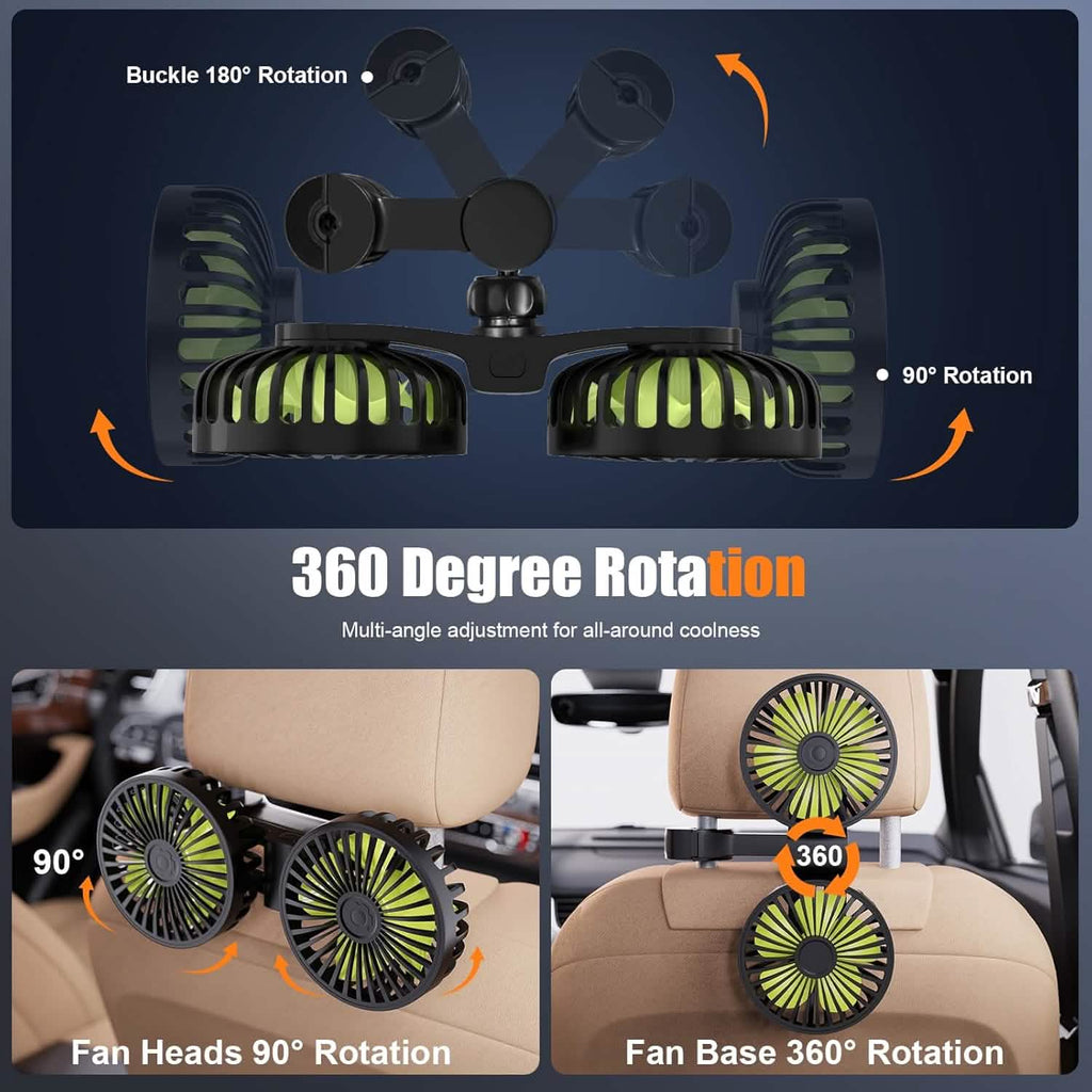 Car fan with 360-degree rotation feature shown in a car interior setting.