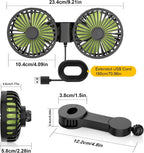 Measurement chart of a USB bike mount with two fans and an extended USB cord.