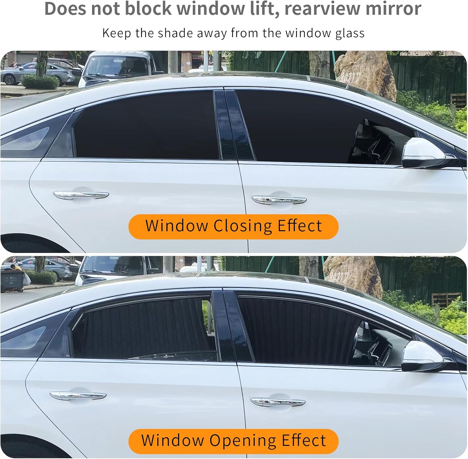 Car window shades with text indicating window closing and opening effects.