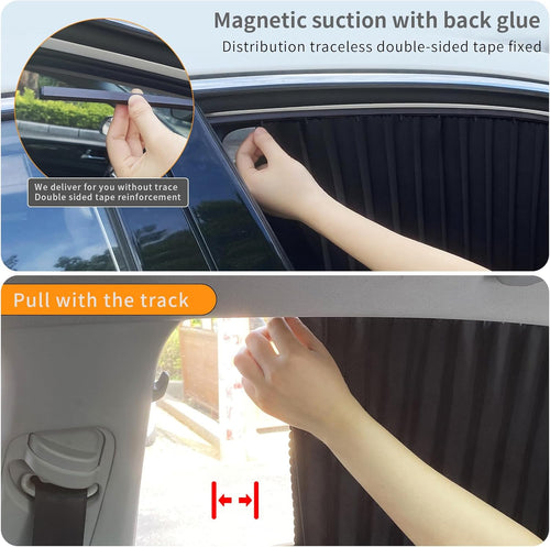 Instructions for using magnetic suction with back glue and double-sided tape on a car window.