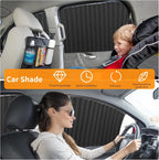 Car interior with a child in a car seat and a woman driving, featuring a car shade product.