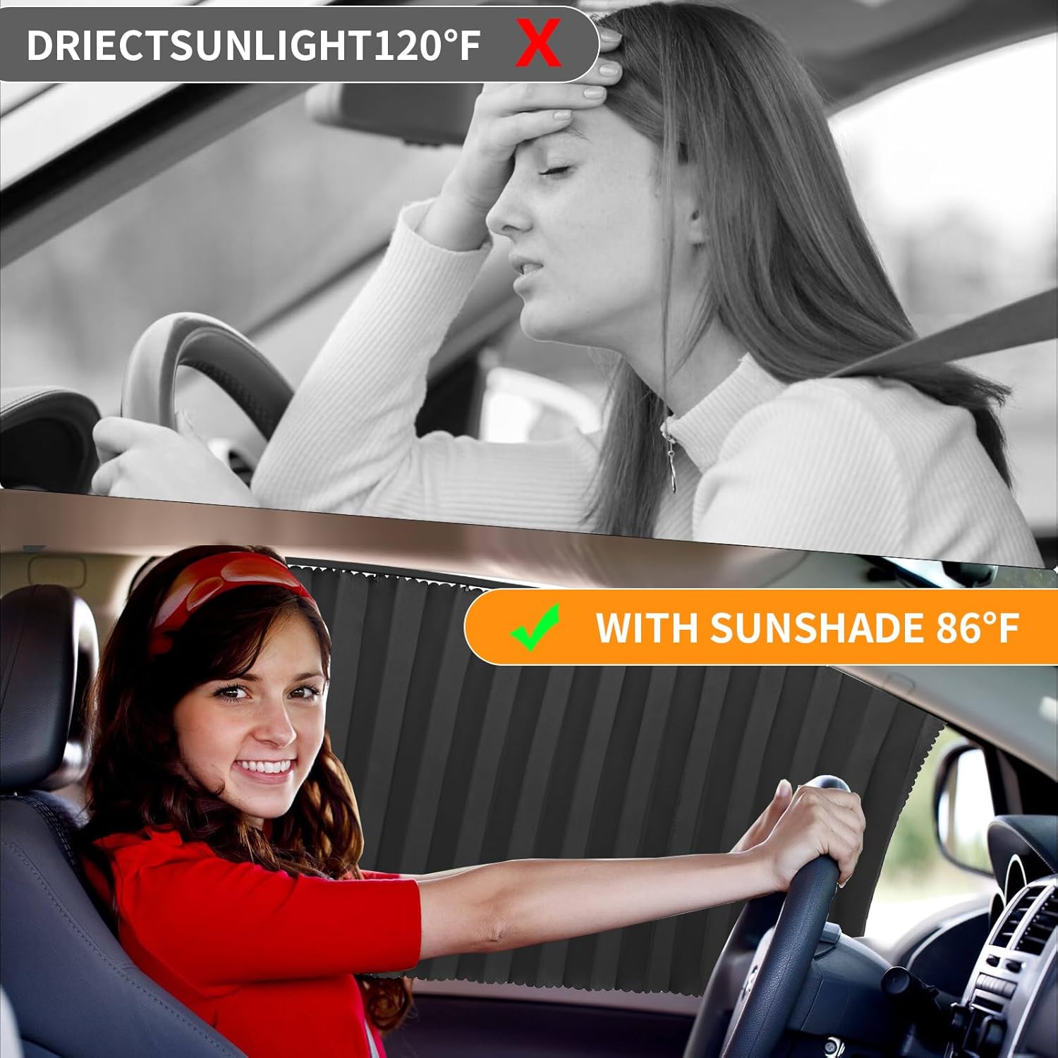 Comparison of a person in a hot car with direct sunlight and another with a sunshade, showing a cooler temperature.