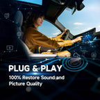 Woman using a car's infotainment system with text 'Plug & Play 100% Restore Sound and Picture Quality'.