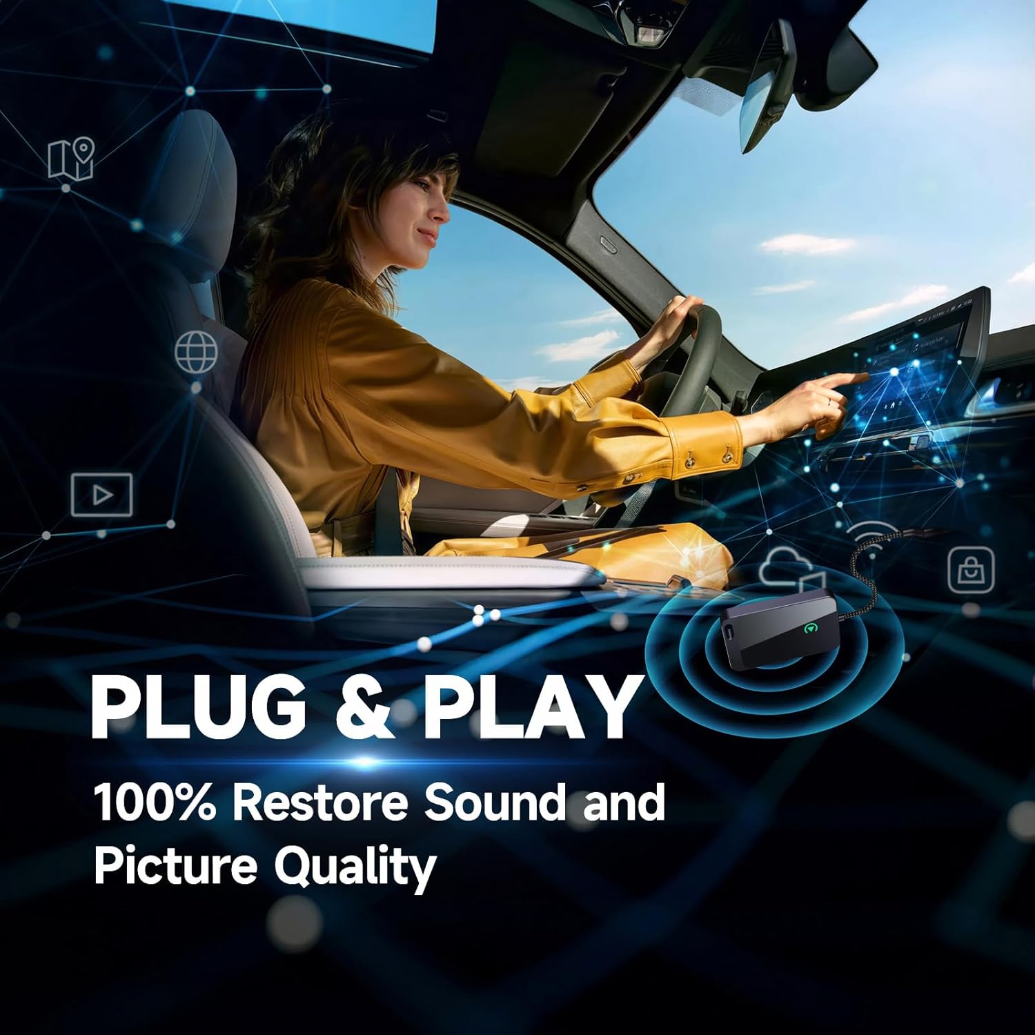 Woman using a car's infotainment system with text 'Plug & Play 100% Restore Sound and Picture Quality'.
