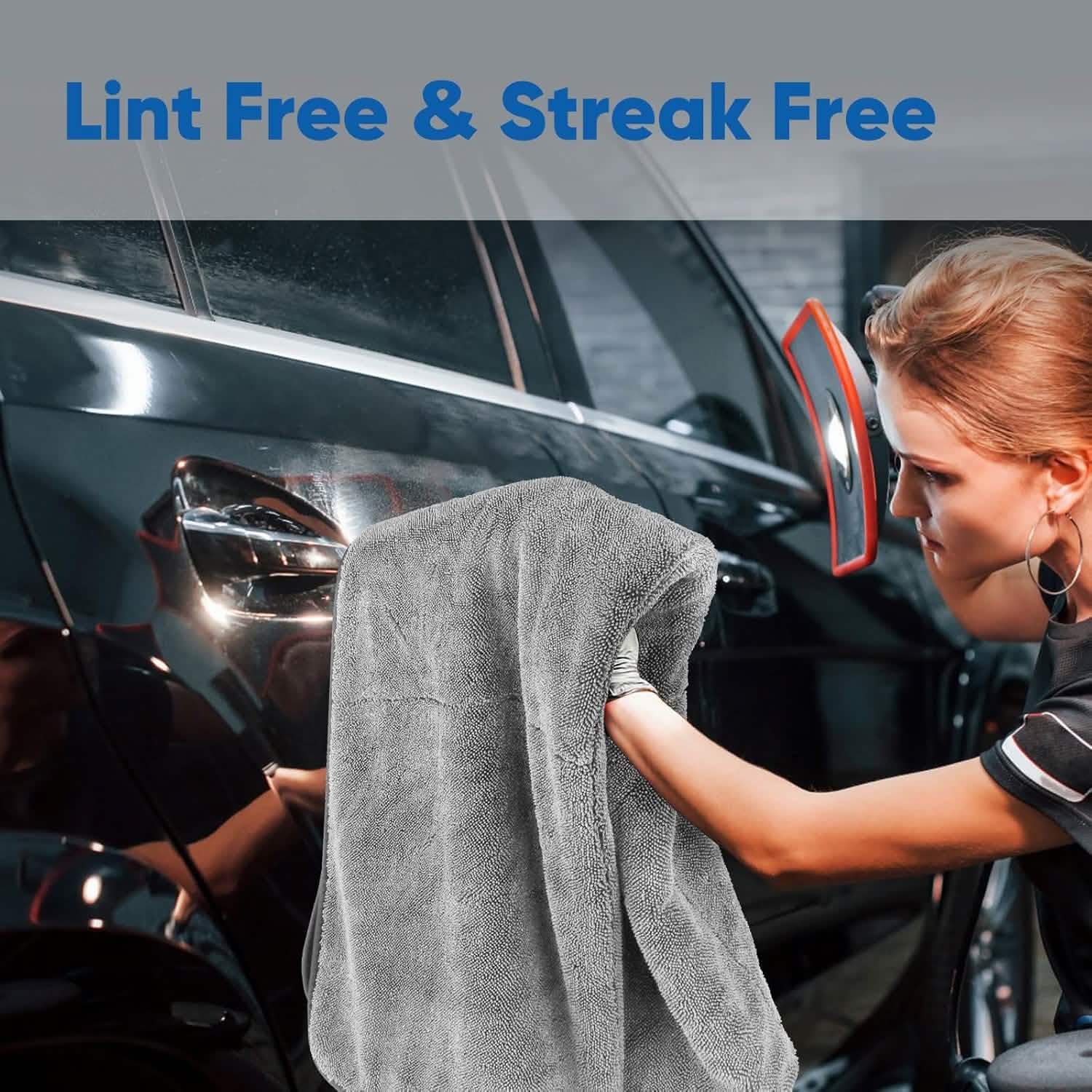 Person cleaning a car window with a towel, with text 'Lint Free & Streak Free' above.
