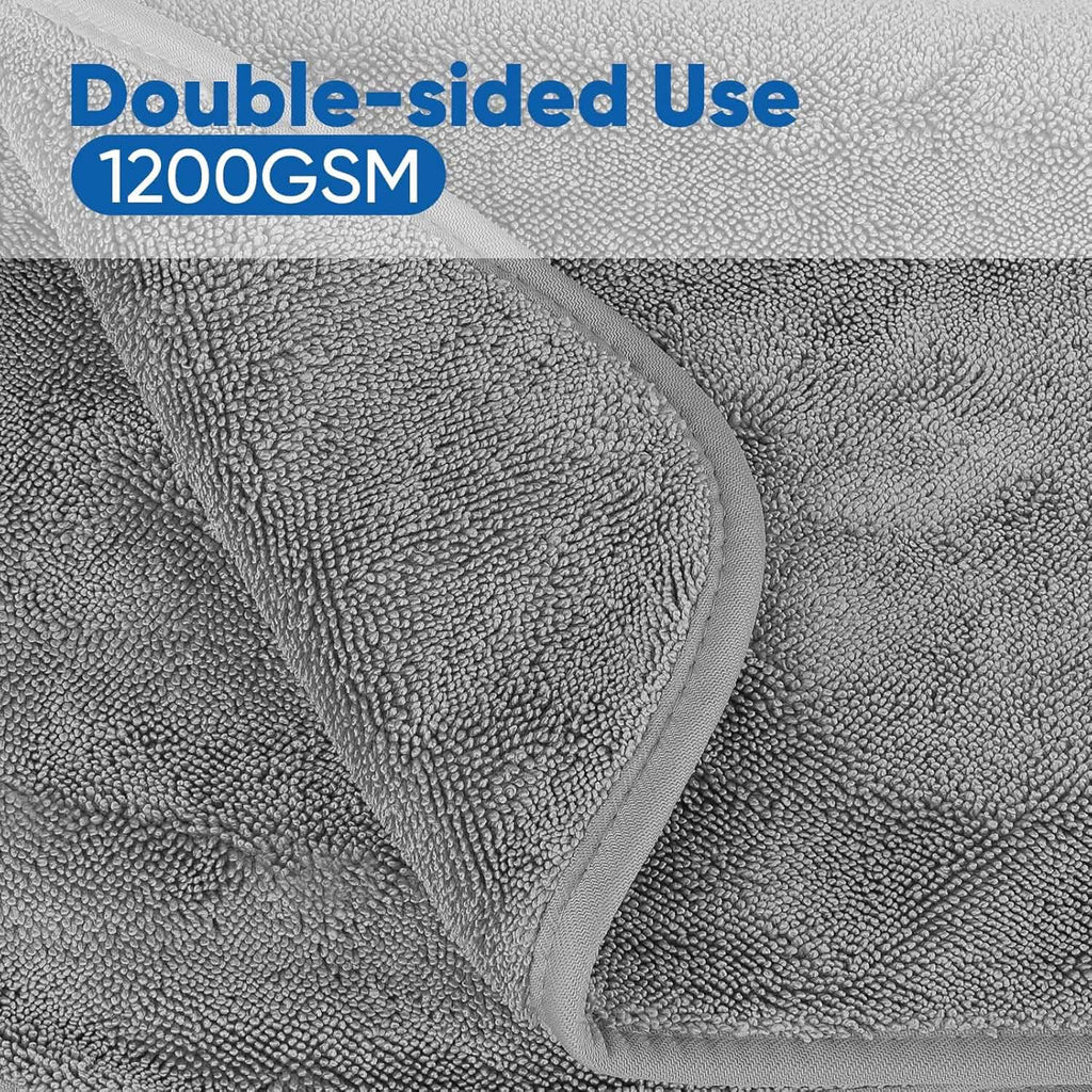 Gray towel with 'Double-sided Use 1200GSM' text on a gray background