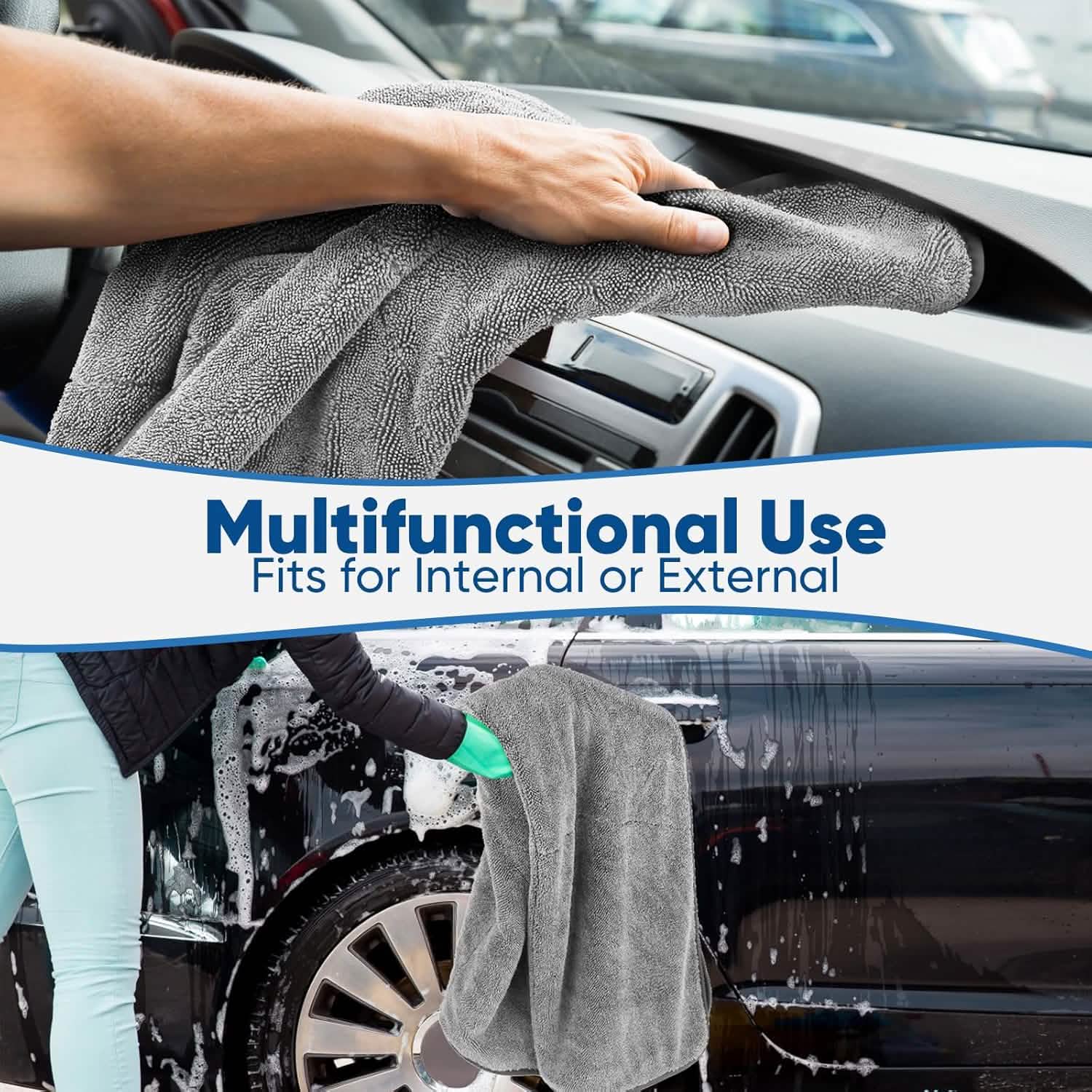 Person cleaning a car with a gray towel, with text indicating multifunctional use.