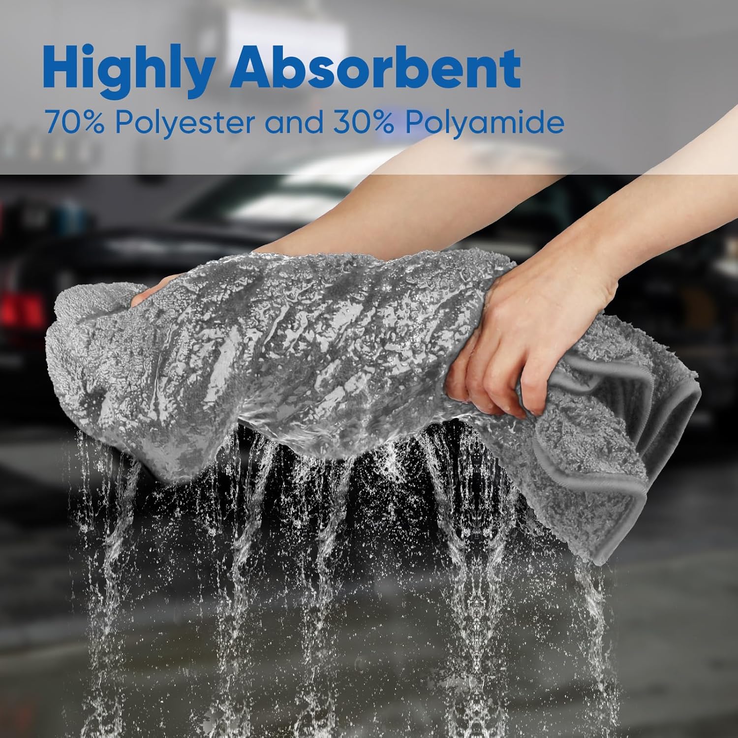 Gray towel absorbing water with text indicating absorbency properties