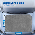 Car sunshade with dimensions on a car window, labeled 'Extra Large Size For Quick Drying'.