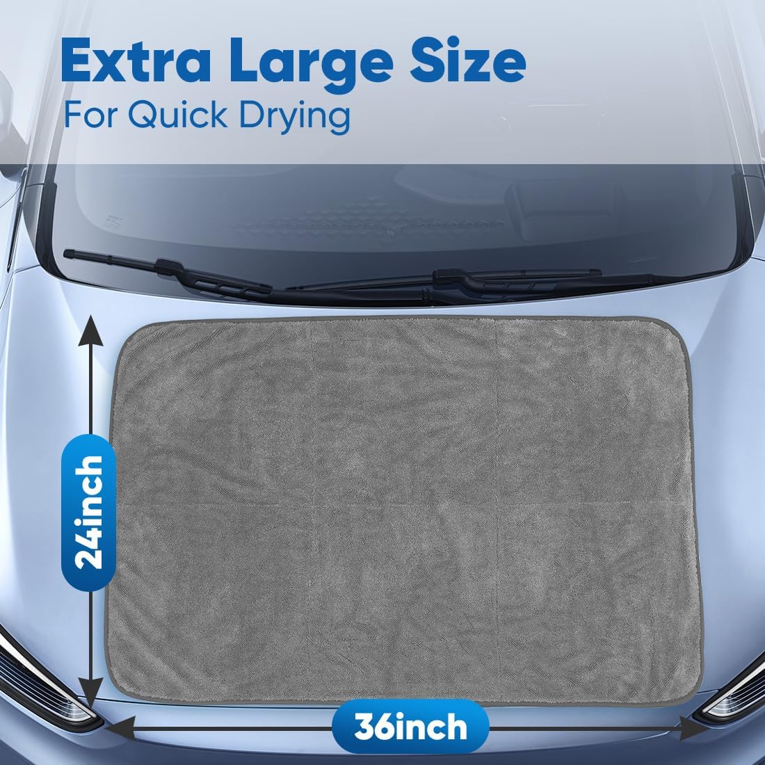 Car sunshade with dimensions on a car window, labeled 'Extra Large Size For Quick Drying'.