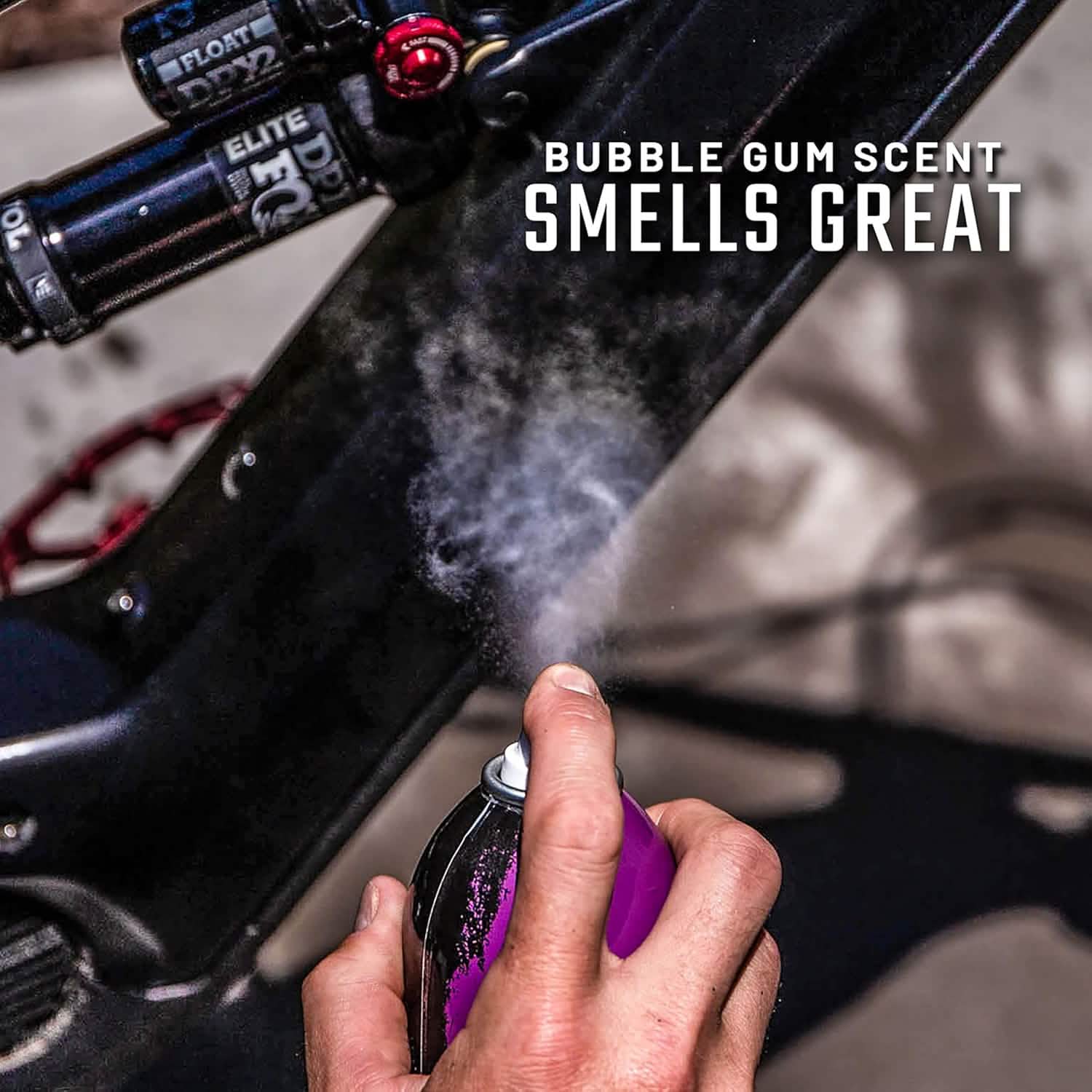 Person using a purple spray can to freshen up a car interior with text 'Bubble Gum Scent Smells Great'.
