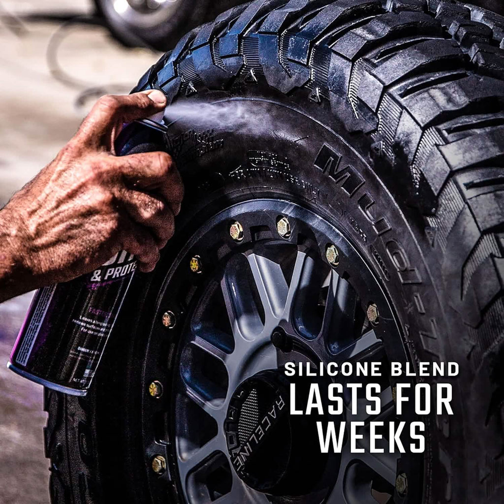 Person applying a silicone blend product to a tire with text 'Silicone Blend Lasts for Weeks'.