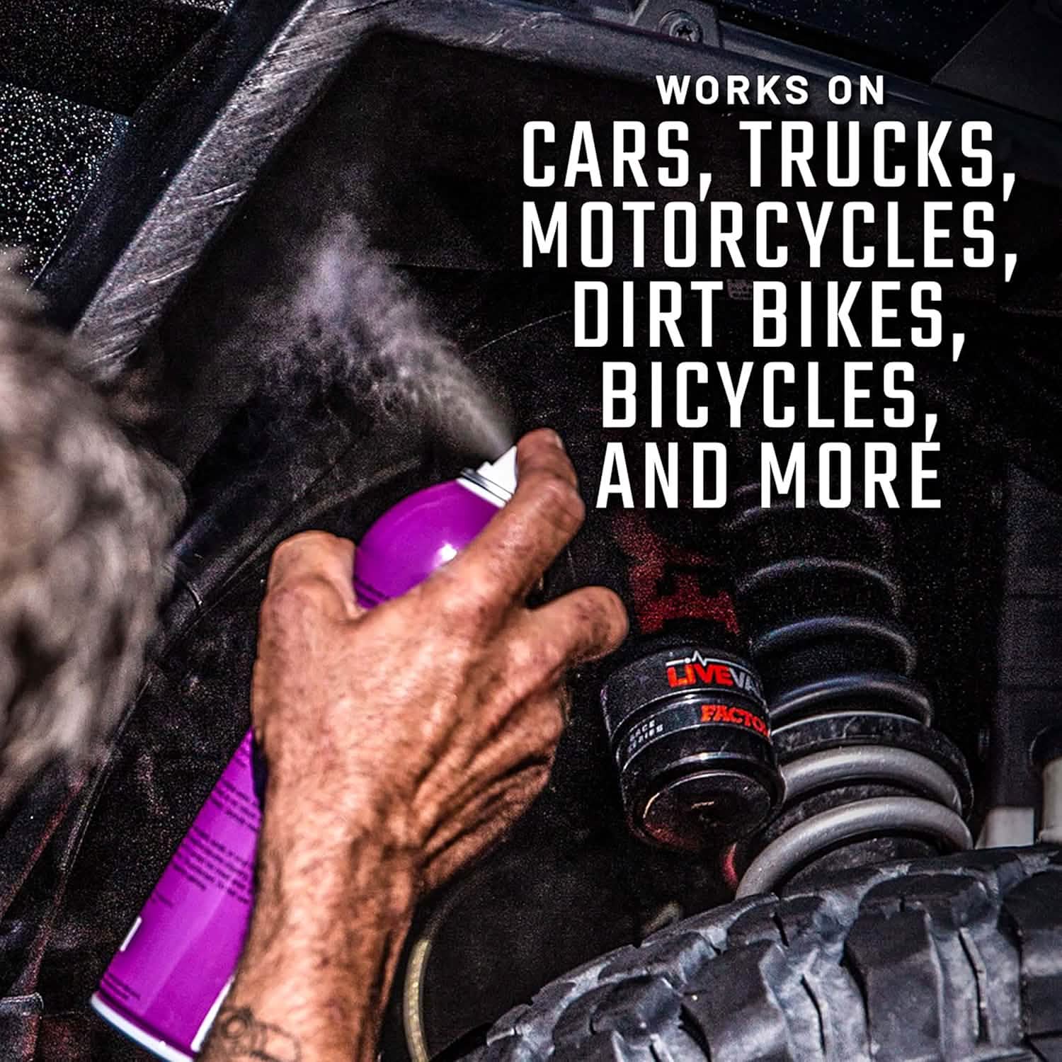 Person using a spray can on a vehicle suspension system with text about product compatibility.