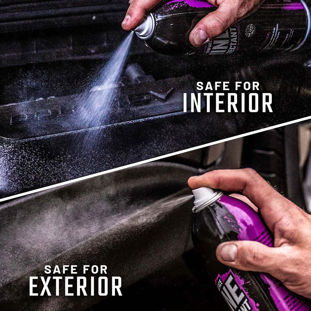 Person using a spray bottle on car interior and exterior with text 'Safe for Interior' and 'Safe for Exterior'.