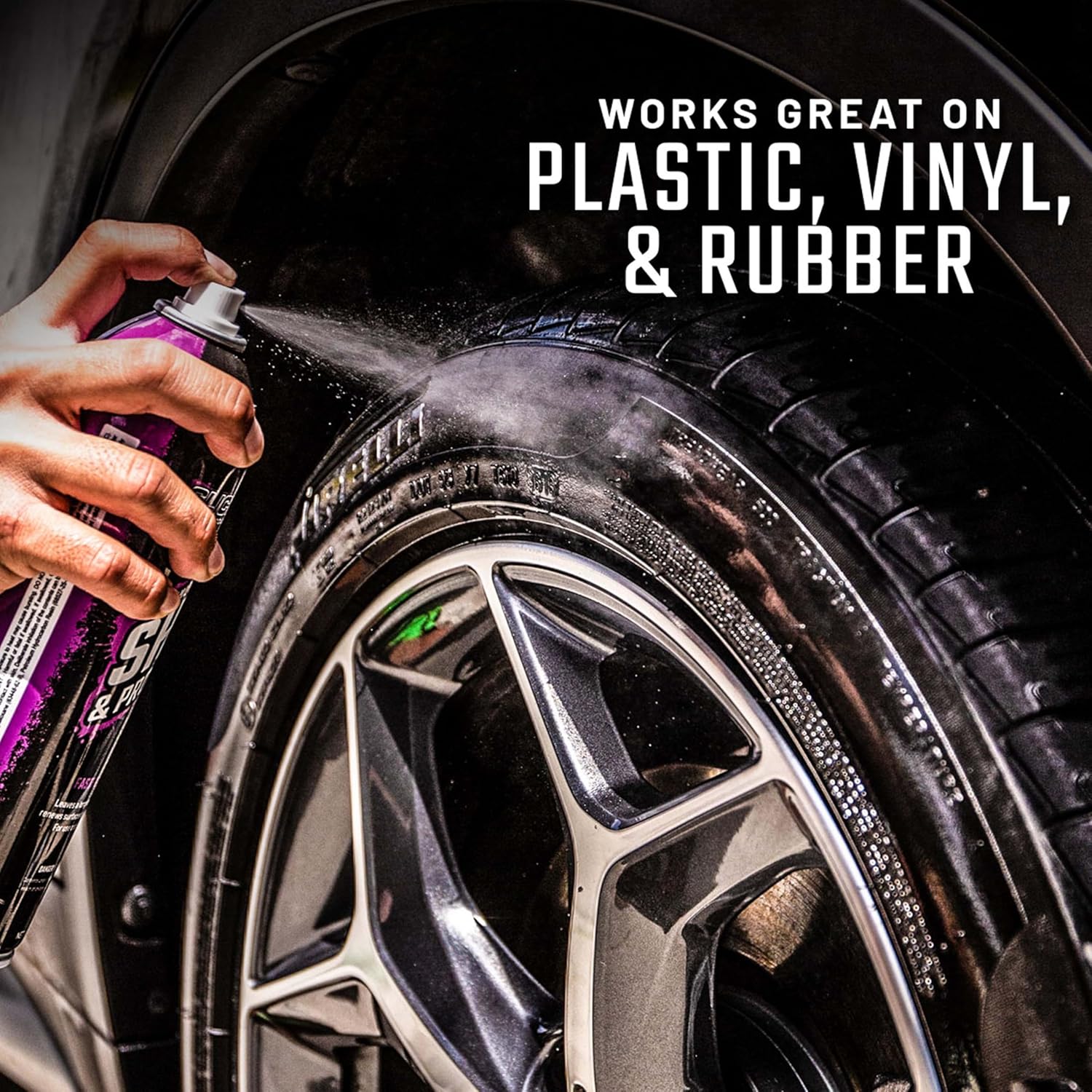 Person spraying a product on a car tire with text about its effectiveness on plastic, vinyl, and rubber.