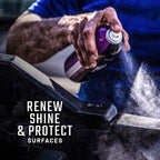 Person using a spray bottle to clean or treat a surface with text 'Renew, Shine & Protect Surfaces'.