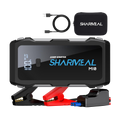 Shariveal jump starter with clamps, cable, and carrying case on a white background