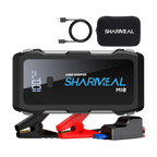 Shariveal jump starter with clamps, cable, and carrying case on a white background
