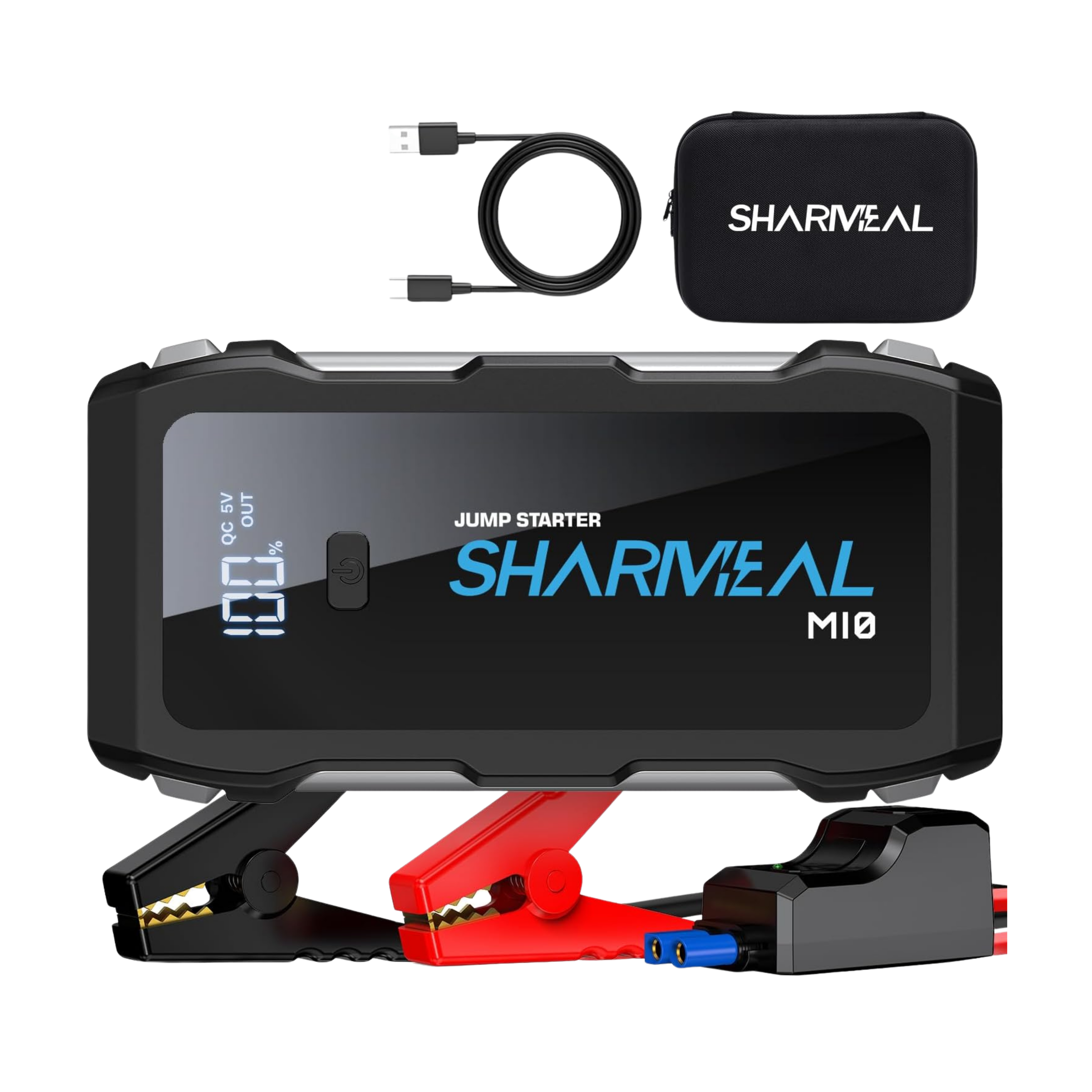 Shariveal jump starter with clamps, cable, and carrying case on a white background