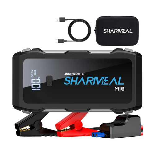 Shariveal jump starter with clamps, cable, and carrying case on a white background
